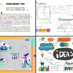 Sketchnoting z książki "Huckleberry Finn", planu tygodnia z zadaniami i mapy myśli o strategii, planowaniu i pomysłach.