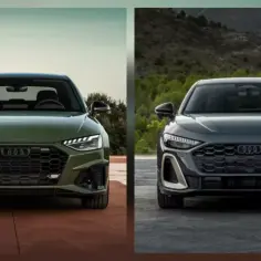 Dwa Audi: zielone A4 i ciemnoszare A5, prezentują swoje przednie grille i reflektory.