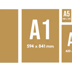 Porównanie formatów papieru od A0 do A4, z podanymi wymiarami. Blok A4 wymiary to 210 x 297mm.