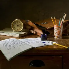 Stara torba, budzik i zeszyt z notatkami. Nawet po 18. roku życia nauczanie domowe może wyglądać tak nostalgicznie.