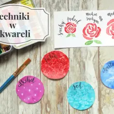 Zestaw do akwareli, pędzel i kółka z napisami: "suchy pędzel", "mokre na suchym", "mokre na mokrym", "alkohol", "folia", "sol", "chusteczka". Techniki mokre pastele.