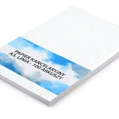 Stosik białego papieru kancelaryjnego A3 w niebieską linię, 100 arkuszy, z etykietą z błękitnymi chmurkami.