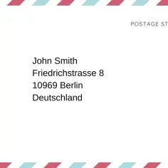 Jak zaadresować kopertę do Niemiec: John Smith, Friedrichstrasse 8, 10969 Berlin, Deutschland.