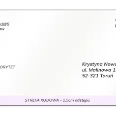 Koperta z danymi nadawcy i odbiorcy. Potwierdzenie odbioru przyklejamy w miejscu opłaty pocztowej.