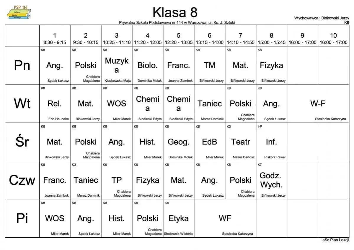 Plan lekcji dla klasy 8: polski, matematyka, fizyka, angielski i inne przedmioty.