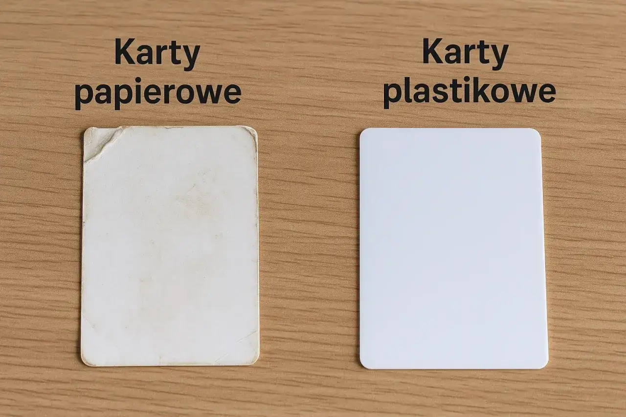 Porównanie kart papierowych i plastikowych. Widoczne są różne wymiary identyfikatora, stan zużycia papierowej karty i jej czystość.