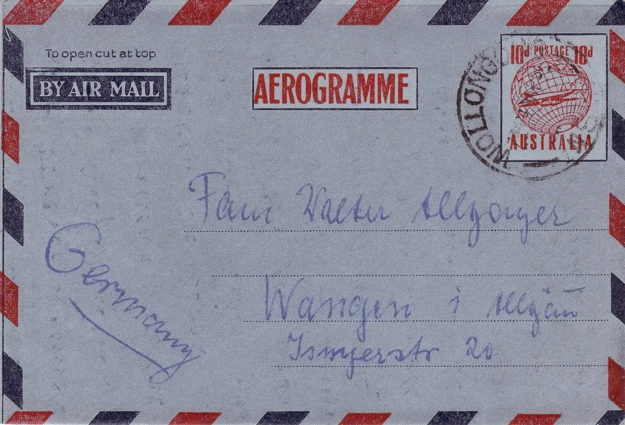 Aerogram z pieczątką Australii i napisem 
