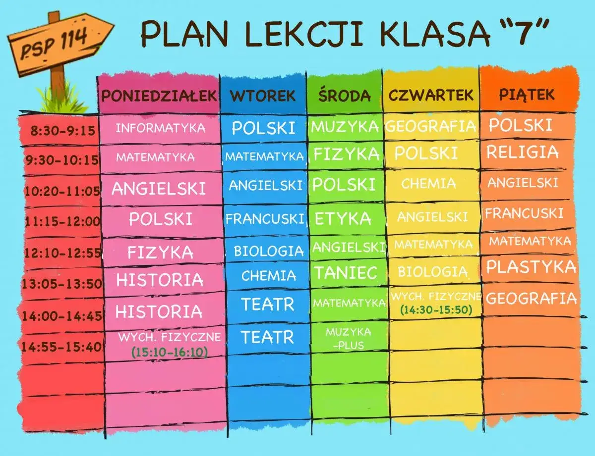 Plan lekcji klasy 7: informatyka, matematyka, angielski, polski, fizyka, historia, wychowanie fizyczne, teatr, muzyka, religia, geografia, chemia, etyka, biologia, taniec, francuski, plastyka.