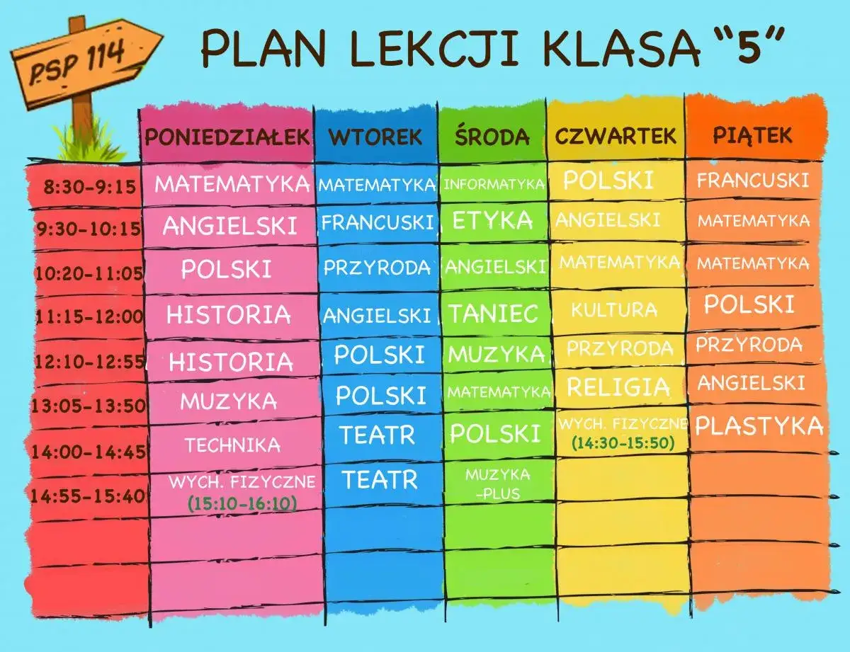 Plan lekcji klasy 5: matematyka, polski, angielski, historia, muzyka, technika, przyroda, informatyka, etyka, taniec, kultura, religia, wychowanie fizyczne, plastyka, teatr, francuski.