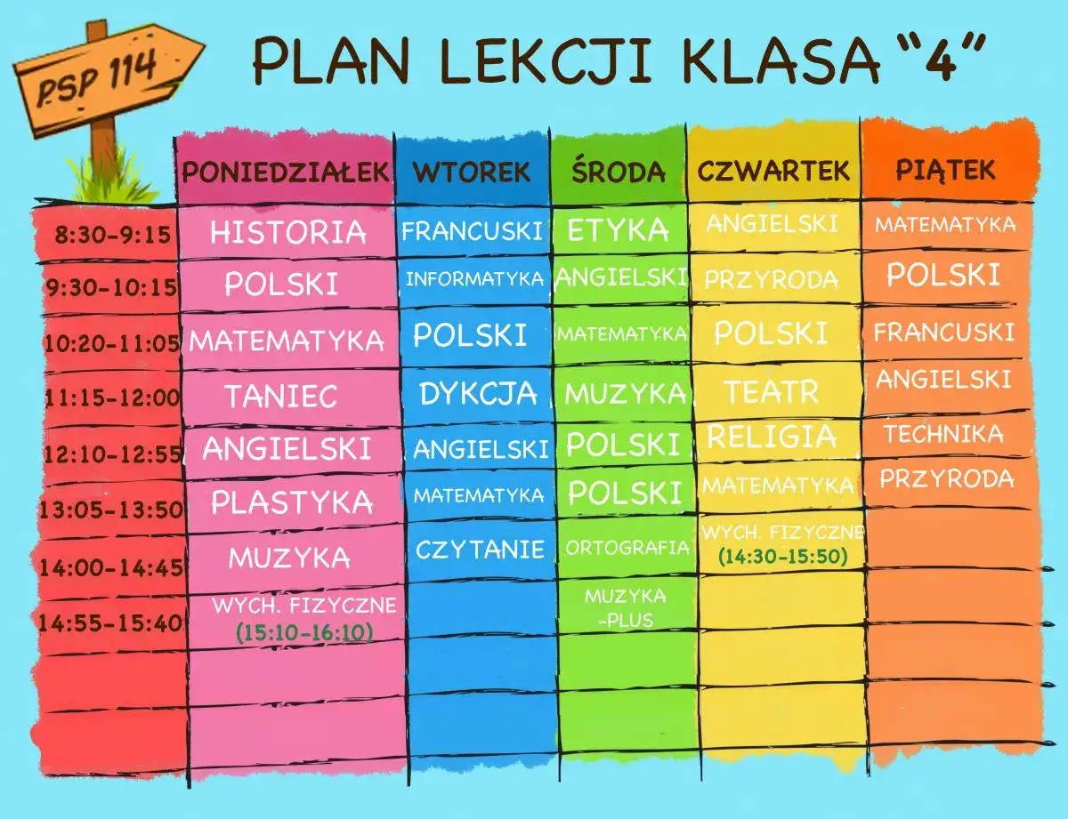 Plan lekcji klasy 4: historia, polski, matematyka, taniec, angielski, plastyka, muzyka, francuski, informatyka, etyka, przyroda, dykcja, ortografia, teatr, religia, technika, wychowanie fizyczne.