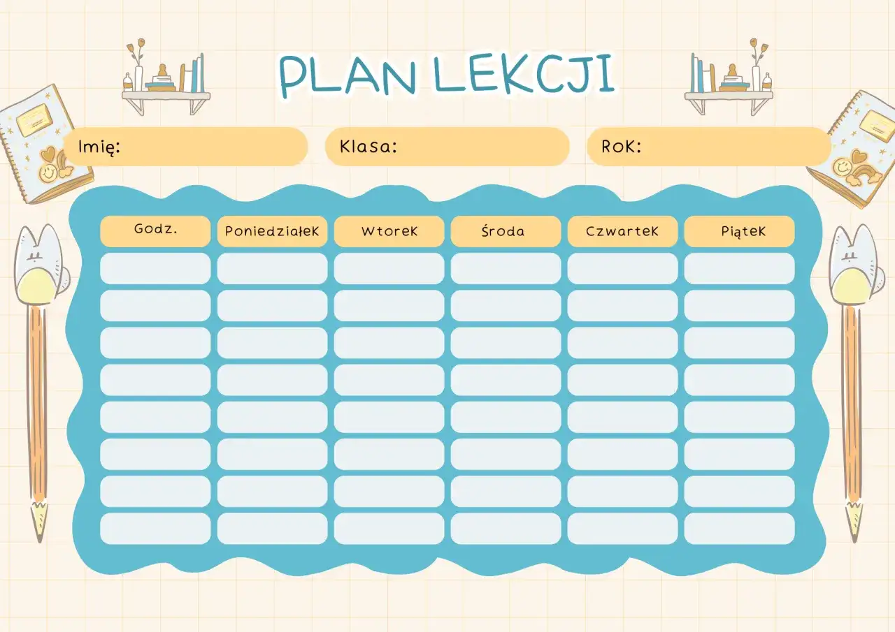 Plan lekcji dla 6 klasy. Puste pola czekają na wpisanie przedmiotów, godzin i dni tygodnia.