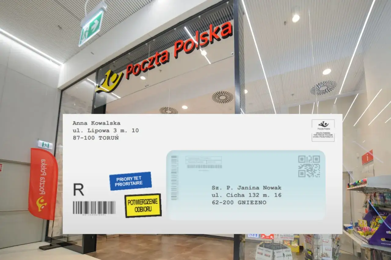 List z naklejonym znaczkiem pocztowym Poczty Polskiej, potwierdzeniem odbioru i etykietą adresową.