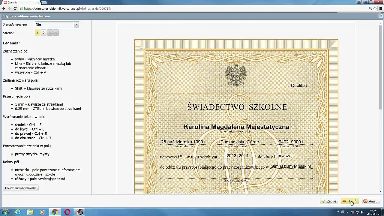 Wzór duplikatu świadectwa szkolnego