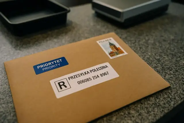 Koperta z naklejką "PRIORYTET PRIORITY" i etykietą "PRZESYŁKA POLECONA" z numerem. List polecony a priorytetowy gotowy do wysyłki.